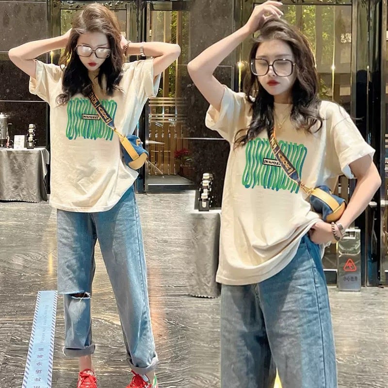 2023 Summer New T-shirt Women's Loose Midi Large Short-sleeved Top Ins Trendy Korean Casual All-match T-shirt - Image 1