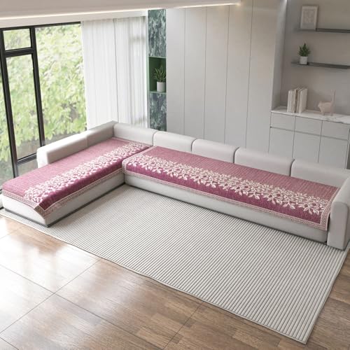 Nendle Superior Velvet Floral Sofa Mat 7 Seater Set Cover Durable Protector for Living Room Sofa Set 4+3, Suitable for L Shape, Sectional and U Shape Sofa (Pink, Pack of 2) - Image 1