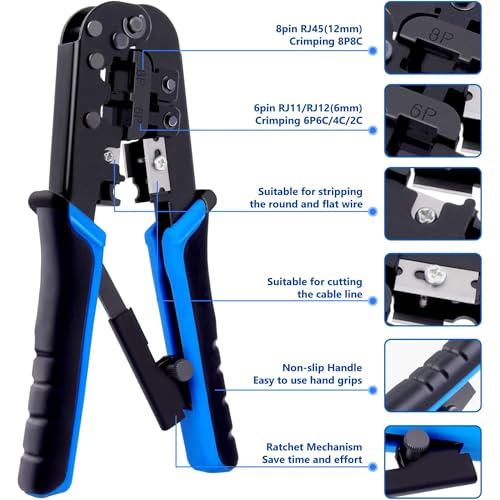 FEDUS Ethernet Crimp Tool,Cat5 Cat5e Cat6 Crimping tool for UTP 8P/RJ45 and 6P/RJ12 4P/RJ11 connectors Crimp, Cut, Strip Tool,Professional Network Crimper Cutter Stripper, Network Wire Stripper Black - Image 3