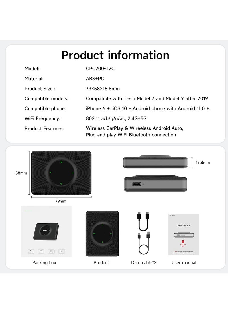 KASTWAVE - Wireless CarPlay Android Auto Adapter for Tesla Model Y & Model 3, Lossless Upgrading of The Original Vehicle for Apple/Android Phones,2.4G+5G Dual Band WiFi, Black - Image 1