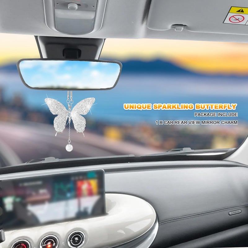NOTISH Bling Butterfly Diamond Car Hanging Accessories, Crystal Auto Rear View Mirror Charms, Charms Good Luck Gifts Amulet Ornament Hanging Interio Car Decoration for Women Interior(White) - Image 5