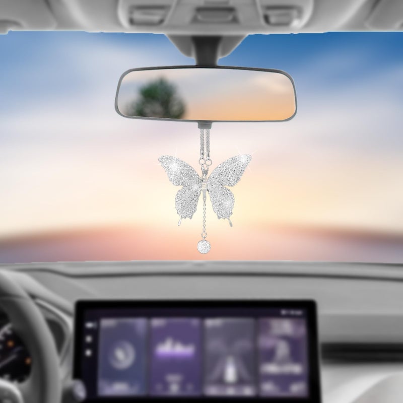 NOTISH Bling Butterfly Diamond Car Hanging Accessories, Crystal Auto Rear View Mirror Charms, Charms Good Luck Gifts Amulet Ornament Hanging Interio Car Decoration for Women Interior(White) - Image 1
