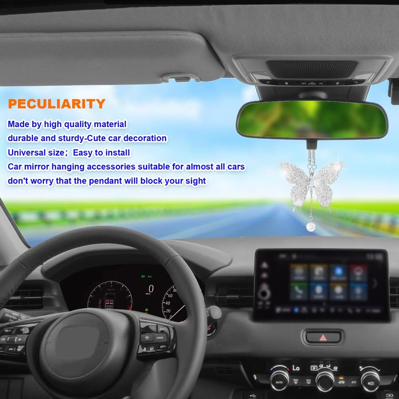 NOTISH Bling Butterfly Diamond Car Hanging Accessories, Crystal Auto Rear View Mirror Charms, Charms Good Luck Gifts Amulet Ornament Hanging Interio Car Decoration for Women Interior(White) - Image 4