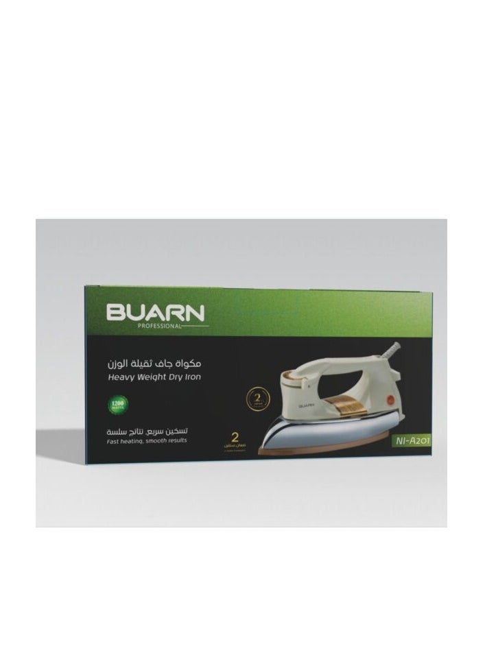 BUARN PROFESSIONAL Buarn Professional 1200W Dry Heavy Iron (2KG) – NI-A201 with Non-Stick Gold Ceramic Coating Soleplate, Auto Off Thermostat, Indicator Light, Silver Chrome Plated Metal Cover, and Plastic Handle, 220-240V, 50/60Hz – Durable and Efficient for Heavy Duty Ironing  - Image 4