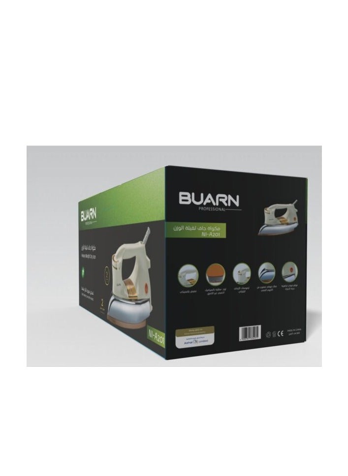 BUARN PROFESSIONAL Buarn Professional 1200W Dry Heavy Iron (2KG) – NI-A201 with Non-Stick Gold Ceramic Coating Soleplate, Auto Off Thermostat, Indicator Light, Silver Chrome Plated Metal Cover, and Plastic Handle, 220-240V, 50/60Hz – Durable and Efficient for Heavy Duty Ironing  - Image 3