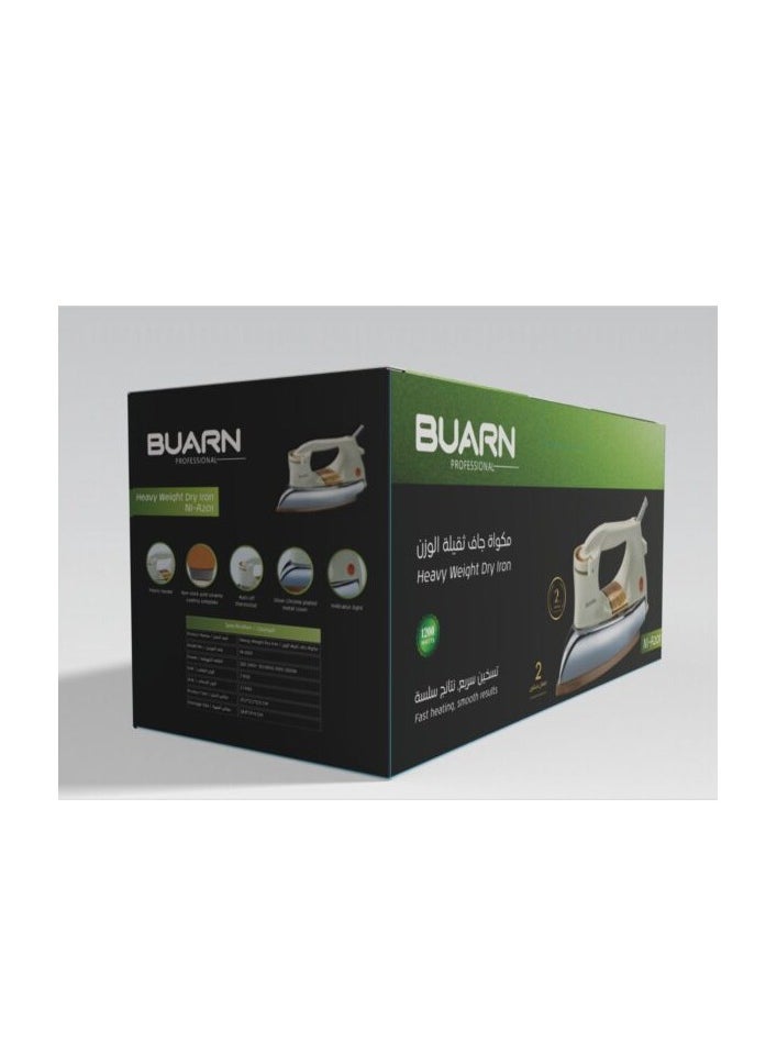 BUARN PROFESSIONAL Buarn Professional 1200W Dry Heavy Iron (2KG) – NI-A201 with Non-Stick Gold Ceramic Coating Soleplate, Auto Off Thermostat, Indicator Light, Silver Chrome Plated Metal Cover, and Plastic Handle, 220-240V, 50/60Hz – Durable and Efficient for Heavy Duty Ironing  - Image 2