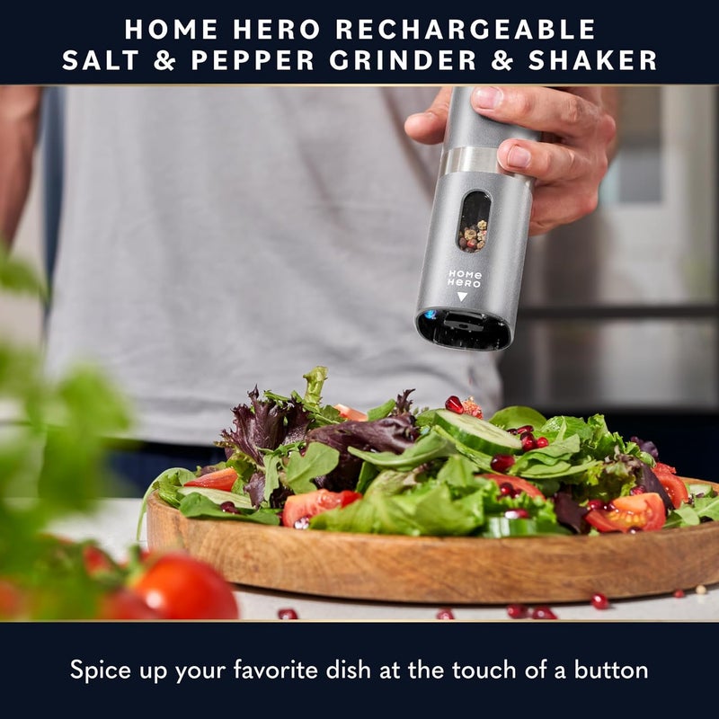 HomeHero طقم مطحنة ملح وفلفل كهربائية - طقم مطحنة ملح وفلفل أوتوماتيكي قابل لإعادة الشحن. هزازات ملح وفلفل إلكترونية مع ضوء LED، مطحنة فلفل وملح كهربائية، مجموعة من 2 - Image 2