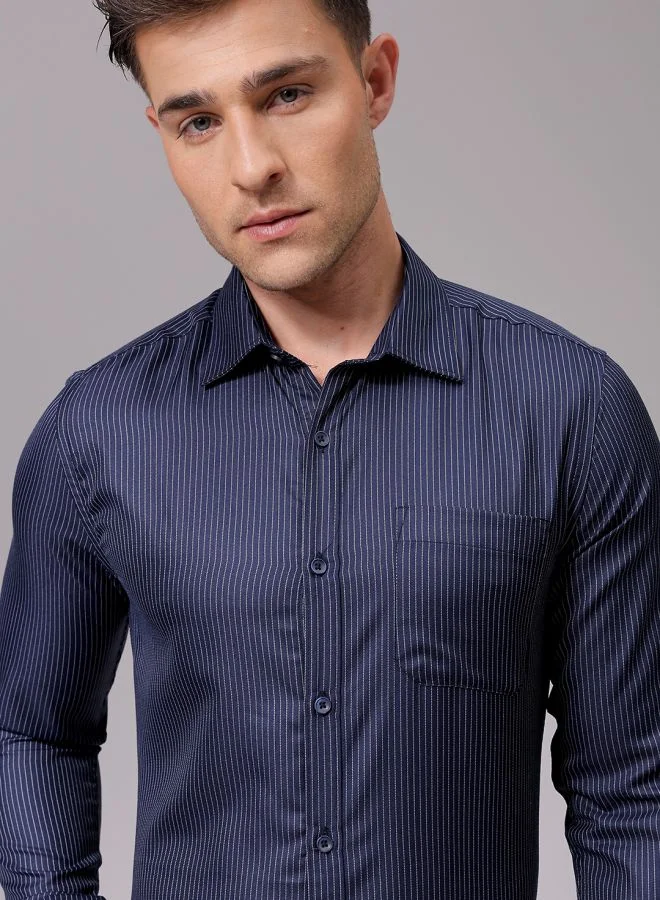 The Indian Garage Co Men Slim Fit Striped Full Sleeves Cutaway Collar Formal Shirt