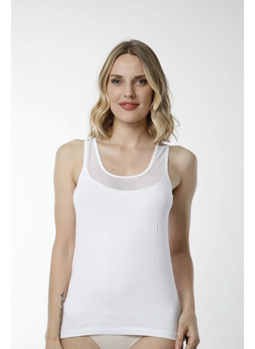 أتش أم دي 2492 Collar and Strap Tulle Detailed Cotton Women's Athlete - White