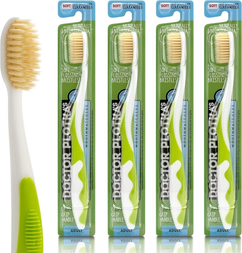 Cross part assemble fit MOUTHWATCHERS Dr Plotkas Extra Soft Bristle Flossing Toothbrush | Manual Soft for Adults | Ultra Clean Nano | Good for Sensitive Teeth and Gums | Green, 4 Count Easy transit optimized build - Image 1