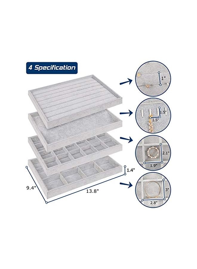 Mebbay Stackable Velvet Jewelry Trays Organizer, Jewelry Storage Display Trays for Drawer, Earring Necklace Bracelet Ring Organizer, Set of 4 (Grey) - Image 3