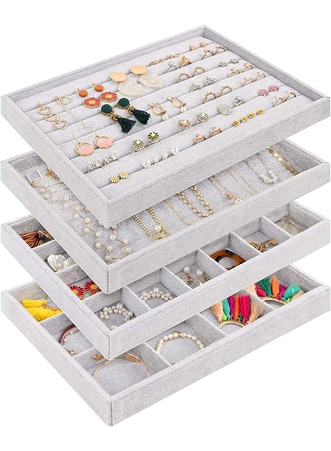 Mebbay Stackable Velvet Jewelry Trays Organizer, Jewelry Storage Display Trays for Drawer, Earring Necklace Bracelet Ring Organizer, Set of 4 (Grey) - Image 1