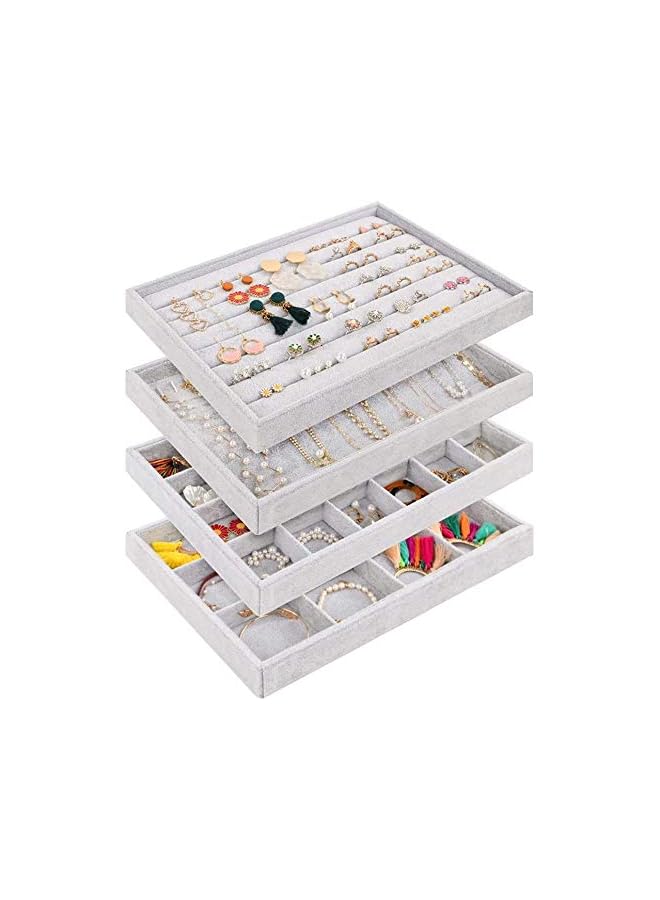 Mebbay Stackable Velvet Jewelry Trays Organizer, Jewelry Storage Display Trays for Drawer, Earring Necklace Bracelet Ring Organizer, Set of 4 (Grey) - Image 2