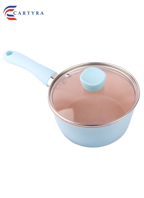 Non-Stick Saucepan with Transparent Lid - Pack of 1 (Blue, 24x12x6cm) | Ceramic Saucepan with Handle and Steel Base | Small Pot with Lid | Non-Stick Cookware Set | Ceramic Nonstick Saucepan