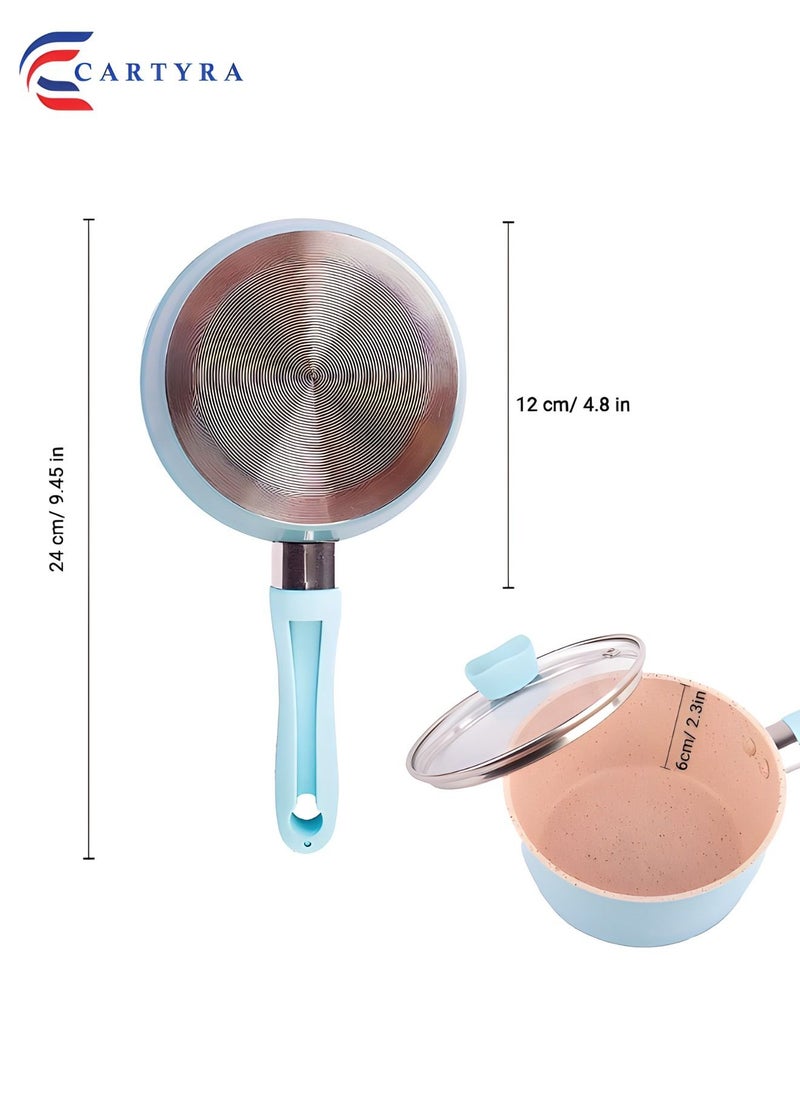 Non-Stick Saucepan with Transparent Lid - Pack of 1 (Blue, 24x12x6cm) | Ceramic Saucepan with Handle and Steel Base | Small Pot with Lid | Non-Stick Cookware Set | Ceramic Nonstick Saucepan