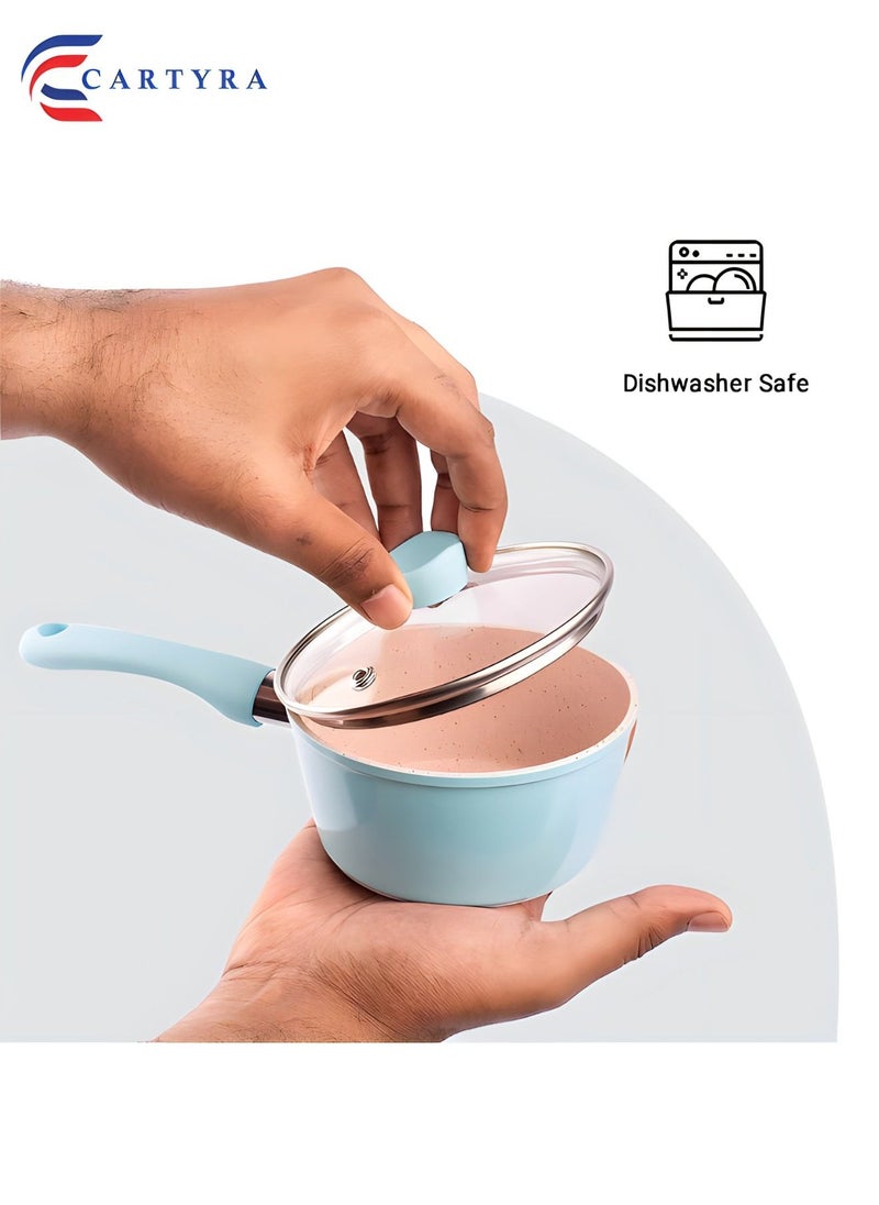 Non-Stick Saucepan with Transparent Lid - Pack of 1 (Blue, 24x12x6cm) | Ceramic Saucepan with Handle and Steel Base | Small Pot with Lid | Non-Stick Cookware Set | Ceramic Nonstick Saucepan