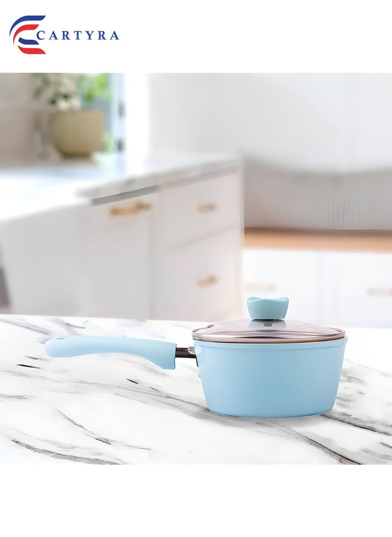 Non-Stick Saucepan with Transparent Lid - Pack of 1 (Blue, 24x12x6cm) | Ceramic Saucepan with Handle and Steel Base | Small Pot with Lid | Non-Stick Cookware Set | Ceramic Nonstick Saucepan