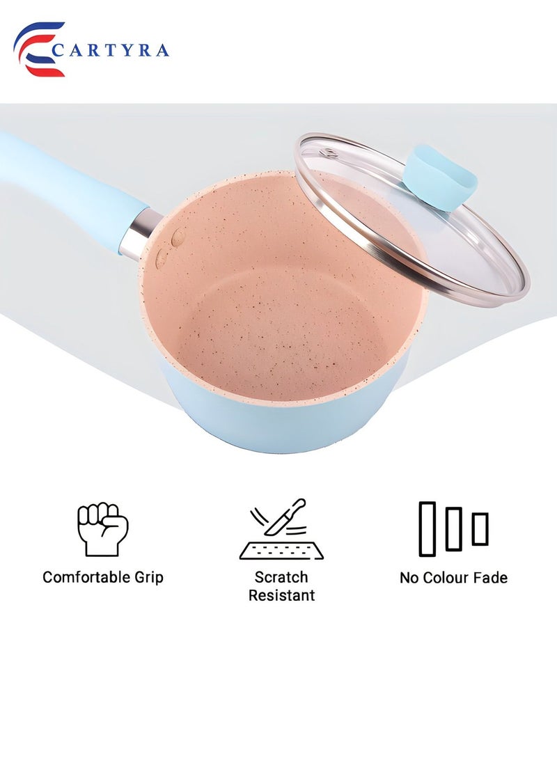 Non-Stick Saucepan with Transparent Lid - Pack of 1 (Blue, 24x12x6cm) | Ceramic Saucepan with Handle and Steel Base | Small Pot with Lid | Non-Stick Cookware Set | Ceramic Nonstick Saucepan