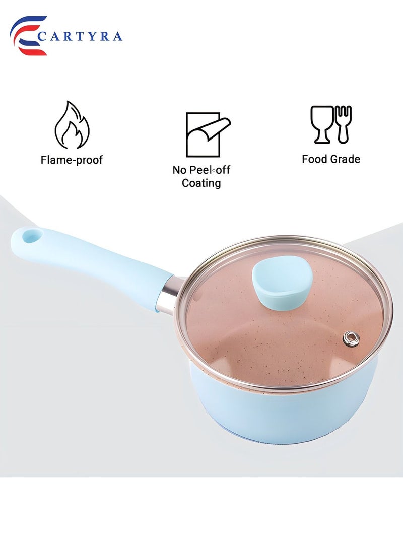 Non-Stick Saucepan with Transparent Lid - Pack of 1 (Blue, 24x12x6cm) | Ceramic Saucepan with Handle and Steel Base | Small Pot with Lid | Non-Stick Cookware Set | Ceramic Nonstick Saucepan