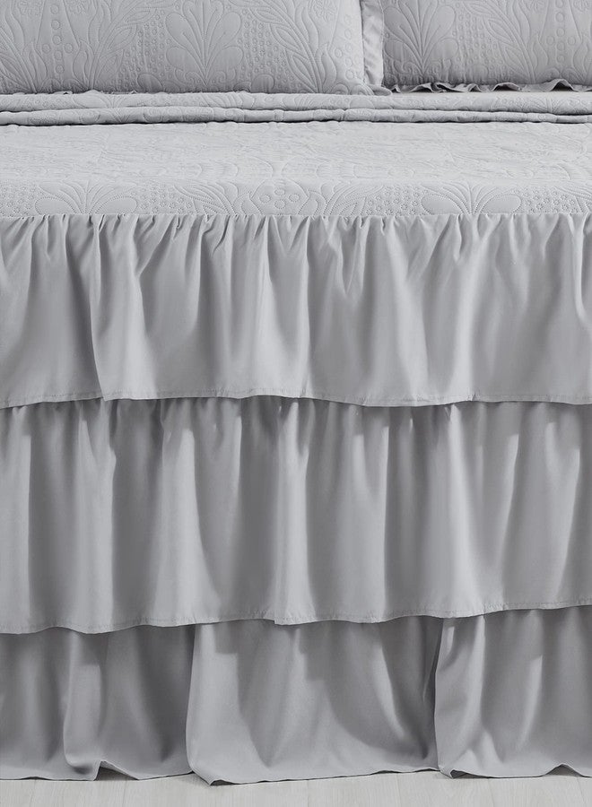 CHIXIN Ruffle Skirt Bedspread King Size - 30" Long Drop, Shabby Chic Style, Lightweight Bedding Cover, 3 Piece Set, Chic Layers, Light Grey - Image 4