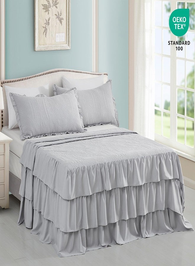 CHIXIN Ruffle Skirt Bedspread King Size - 30" Long Drop, Shabby Chic Style, Lightweight Bedding Cover, 3 Piece Set, Chic Layers, Light Grey - Image 2