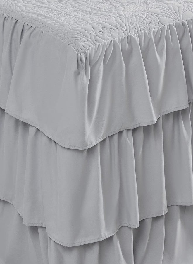 CHIXIN Ruffle Skirt Bedspread King Size - 30" Long Drop, Shabby Chic Style, Lightweight Bedding Cover, 3 Piece Set, Chic Layers, Light Grey - Image 3