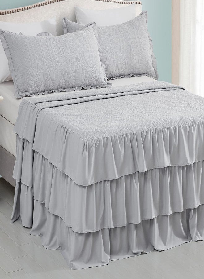 CHIXIN Ruffle Skirt Bedspread King Size - 30" Long Drop, Shabby Chic Style, Lightweight Bedding Cover, 3 Piece Set, Chic Layers, Light Grey - Image 1