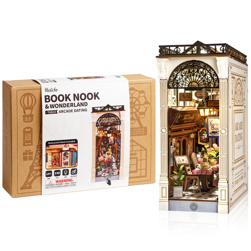 Rolife DIY Book Nook Kits for Adults, Miniature Dollhouse Booknook Kit, 3D Wooden Puzzle Creative Decorative Bookends Bookshelf Diorama Insert Crafts Hobbies Gifts (Arcade Dating) - Image 1