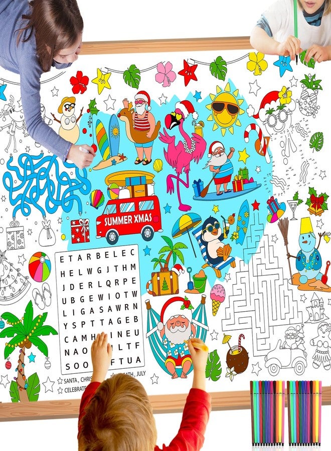 HOWAF Christmas July Coloring Poster with 24 Paint Pens, Tropical Christmas Jumbo Paper Coloring Banner for Beach Santa Party Favors, Hawaiian Flamingo Coloring Tablecloth for Kids - Image 1