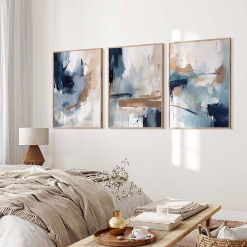 Youillne Navy Blue Pictures Wall Art Abstract Modern Painting Canvas Brown Watercolor Wall Art Decor Abstract Blue Poster Minimalist Graffiti Prints Artwork for Living Room 24x36 Inch Unframed Set of 3 - Image 1