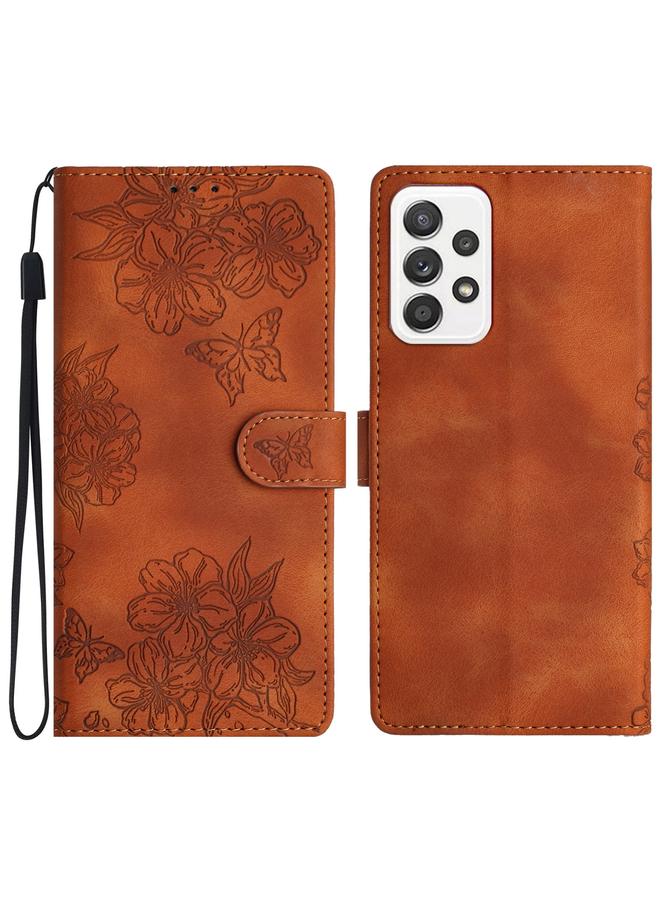 جراب هاتف من البولي يوريثان منقوش عليه زهور الكرز والفراشات لهاتف Samsung Galaxy A72 5G (بني)