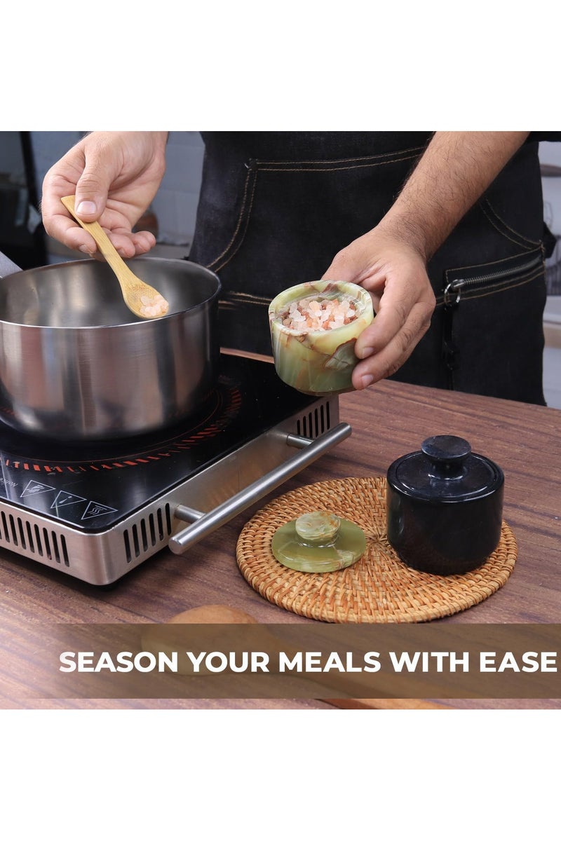 راديكالن قبو ملح من الرخام الأسود والأخضر مع غطاء | حافظة ملح وسكر مصنوعة يدويًا، مقاس ٣ بوصات، لطاولة المطبخ - Image 4