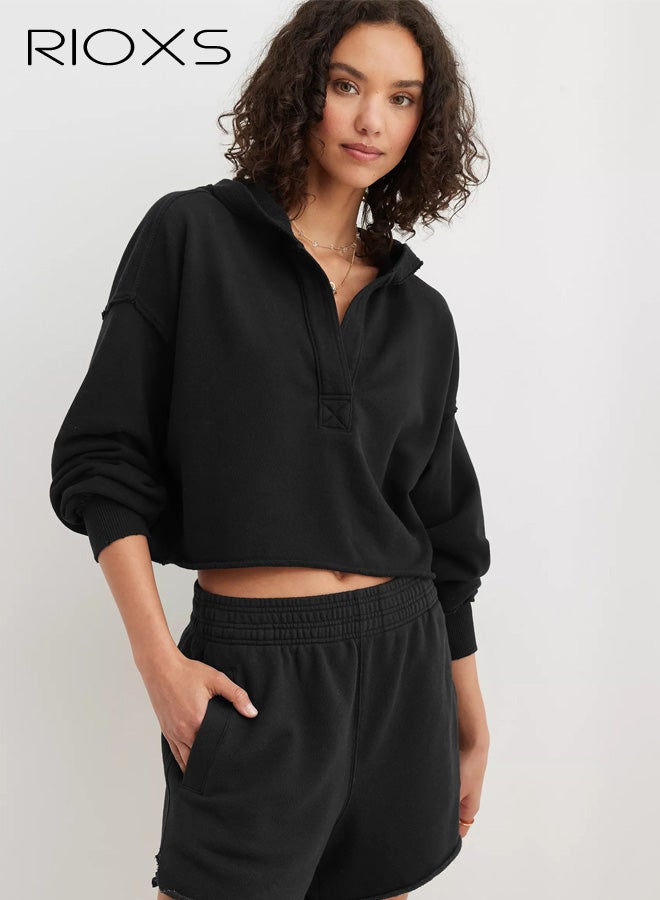 ريوكس هوديس نسائي، هودي كبير الحجم بأكمام طويلة للسيدات، بلوفر كاجوال برقبة على شكل حرف V مع حاشية ملفوفة، ملابس عصرية لفصل الربيع والخريف للتمرين والسفر والارتداء اليومي، أسود - Image 1