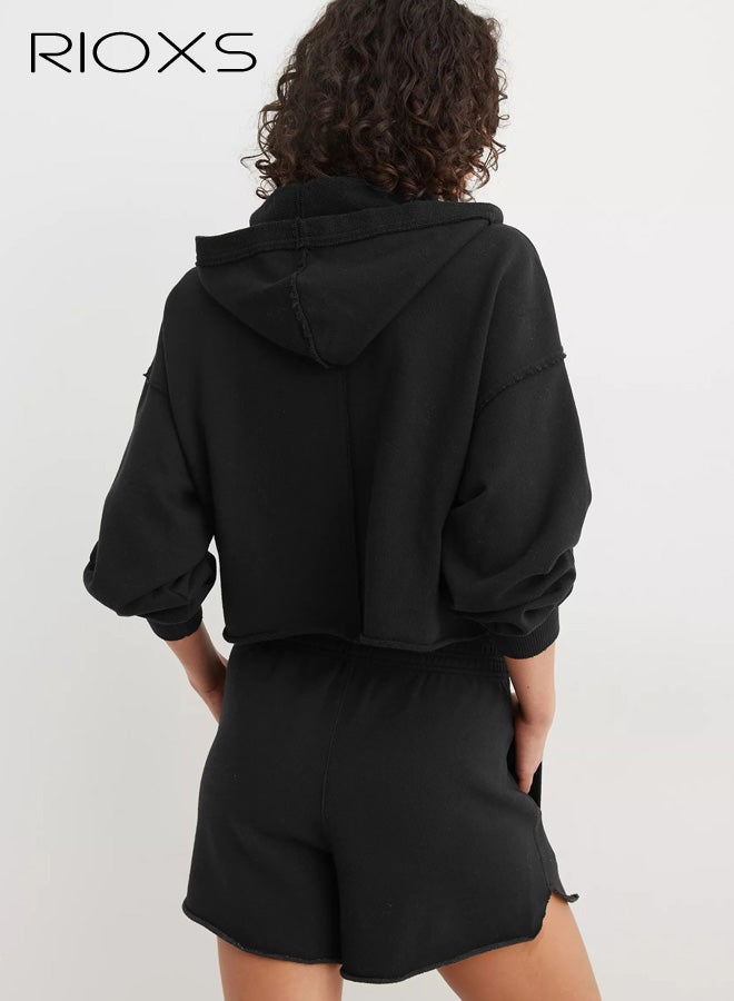 ريوكس هوديس نسائي، هودي كبير الحجم بأكمام طويلة للسيدات، بلوفر كاجوال برقبة على شكل حرف V مع حاشية ملفوفة، ملابس عصرية لفصل الربيع والخريف للتمرين والسفر والارتداء اليومي، أسود - Image 4