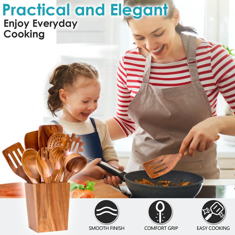 HOWHONG Wooden Spoons for Cooking, Premium Acacia Wood Kitchen Utensil Set, Handmade Wooden Utensils for Nonstick Cookware, Heat Resistant, Smooth Finish, Comfortable Grip, with Holder, Gift Ready - Image 5