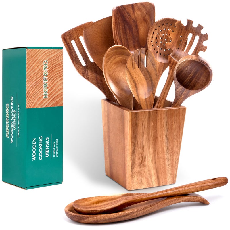 HOWHONG Wooden Spoons for Cooking, Premium Acacia Wood Kitchen Utensil Set, Handmade Wooden Utensils for Nonstick Cookware, Heat Resistant, Smooth Finish, Comfortable Grip, with Holder, Gift Ready - Image 1