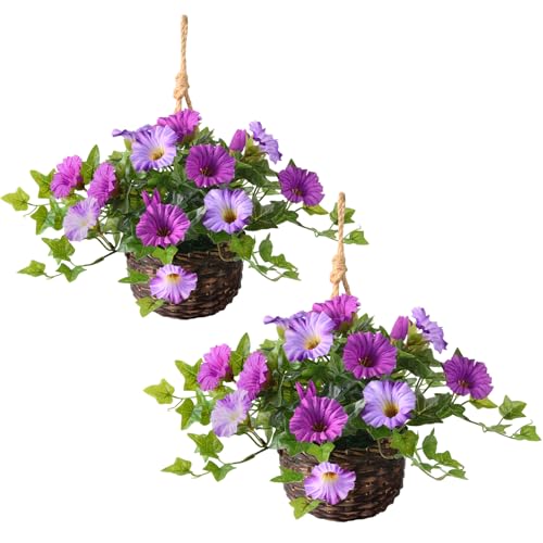 ZFProcess 2 Set Artificial Outdoor Flowers with Hanging Basket 2 Hanging Planters Faux Silk Morning Glory Flowers for Spring Summer Front Porch Garden Patio Home DecorLight Purple Red - Image 1