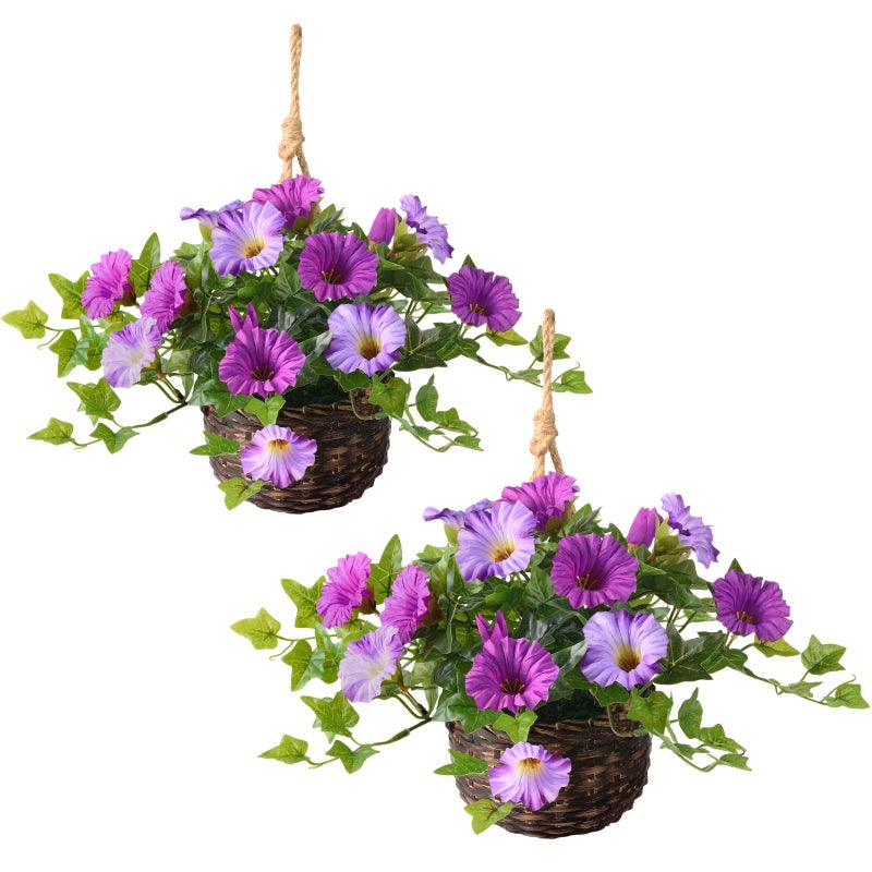 ZFProcess 2 Set Artificial Outdoor Flowers with Hanging Basket 2 Hanging Planters Faux Silk Morning Glory Flowers for Spring Summer Front Porch Garden Patio Home DecorLight Purple Red - Image 2