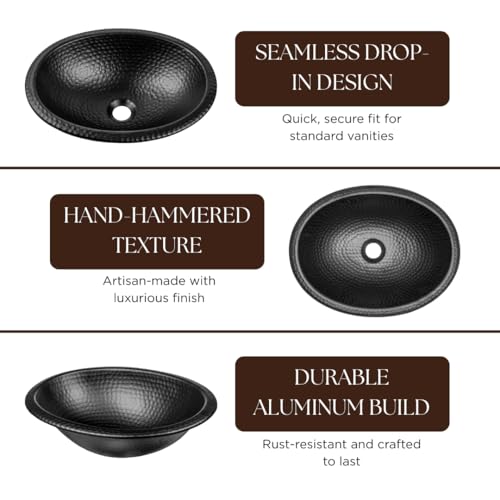 Monarch Abode 17-inch Hand Hammered Matte Black Oval Drop-in Bathroom Sink, Bathroom Sink Drop-in, Top Mount for Powder Room, Home Restroom or Guest Bath - Image 4