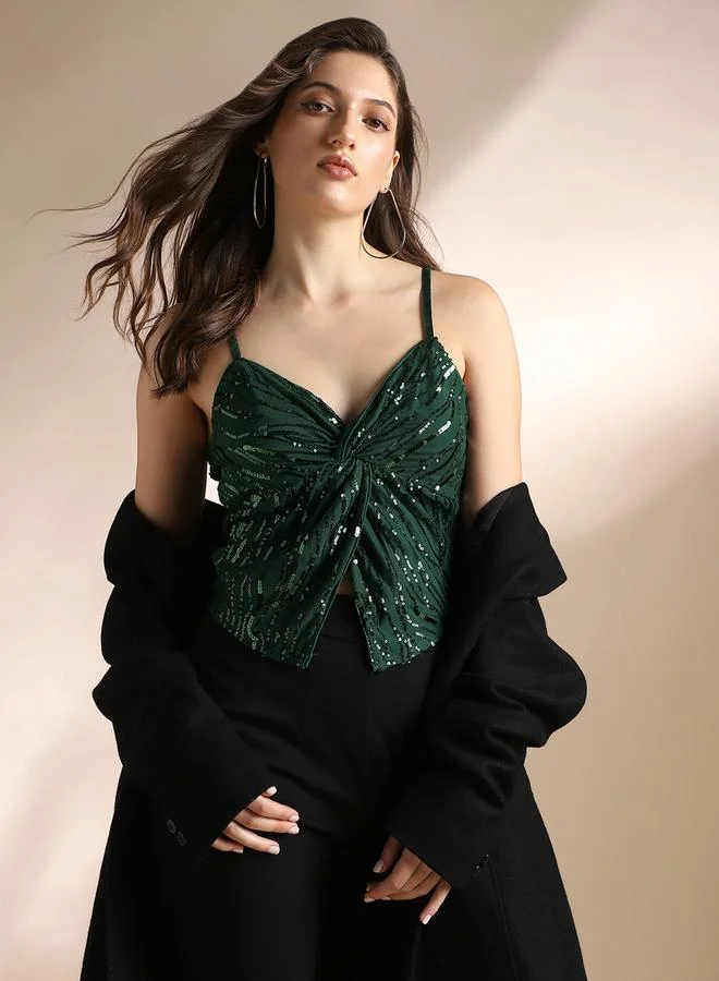 globus Women Green Sweetheart Neck Strappy Crop Top