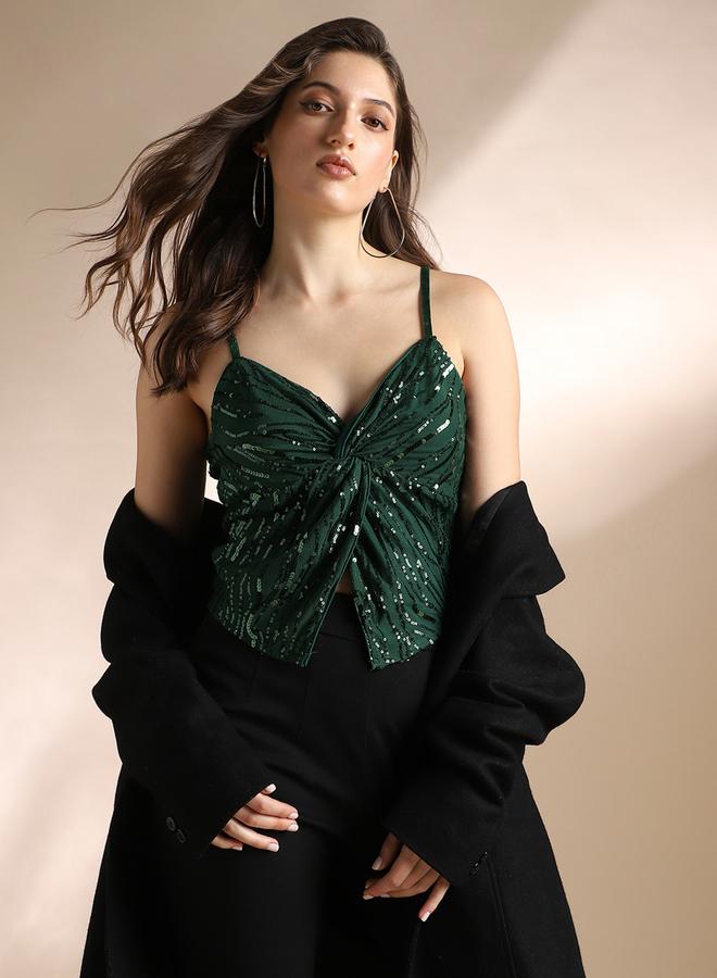 globus Women Green Sweetheart Neck Strappy Crop Top - Image 1