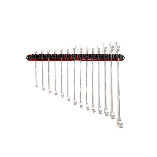 Olsa Tools WallMounted Wrench Rack  Red Anodized Aluminum Rail with Black Clips  Stores 14 SAE or Metric Wrenches Securely  Professional Organizer  Part 1028