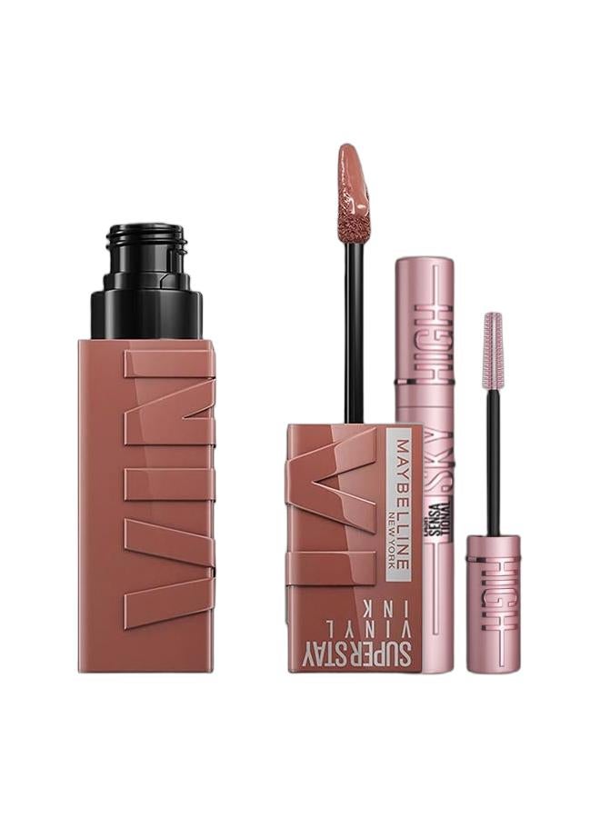 MAYBELLINE NEW YORK Super Stay Vinyl Ink Nudes Longwear Transfer Proof Gloss Lipstick 120 Punchy & LASH SENSATIONAL SKY HIGH MASCARA, BLACK, 36H, LENGTHENING, VOLUMIZING, +2MM LENGTH ON ASIAN LASHES Black Bundle - Image 1