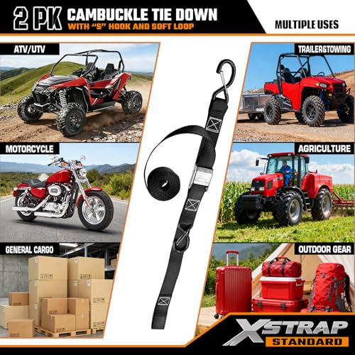XSTRAP STANDARD Motorcycle Tie Down Straps 2 Pack 3000lb Break Strength 15 in X 8FT HeavyDuty Cambuckle Tie Down Set with S Hook and Soft Loops Black - Image 3