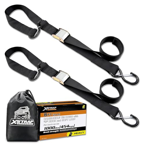 XSTRAP STANDARD Motorcycle Tie Down Straps 2 Pack 3000lb Break Strength 15 in X 8FT HeavyDuty Cambuckle Tie Down Set with S Hook and Soft Loops Black - Image 1