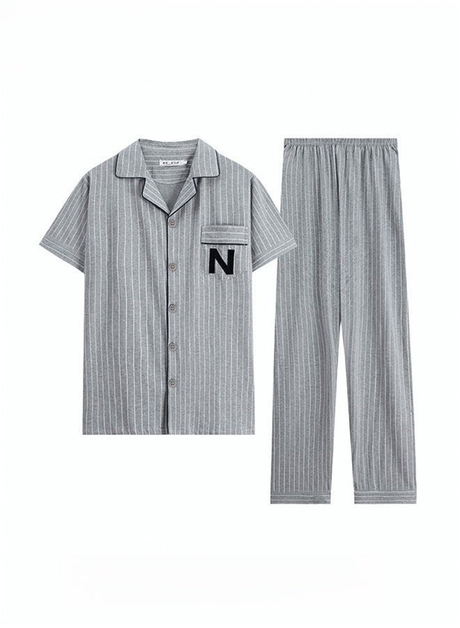 2-Piece Men's Pajama Set Features Cotton Short-Sleeved T-Shirt and Long Pants, Patterned Design for Sleepwear Loungewear Loose Comfortable Fit Grey Color for Versatile Home Wear - Image 5