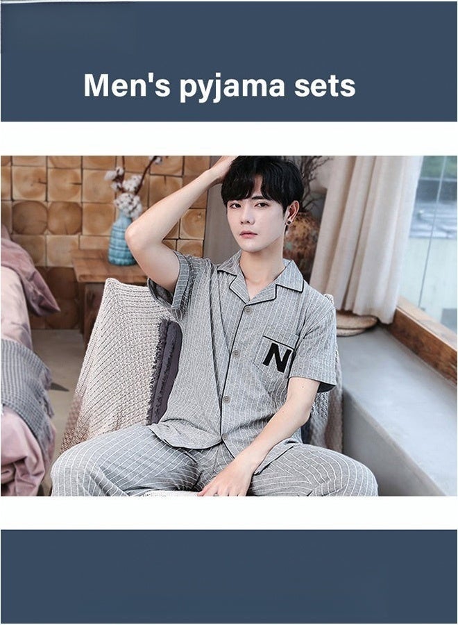2-Piece Men's Pajama Set Features Cotton Short-Sleeved T-Shirt and Long Pants, Patterned Design for Sleepwear Loungewear Loose Comfortable Fit Grey Color for Versatile Home Wear - Image 4