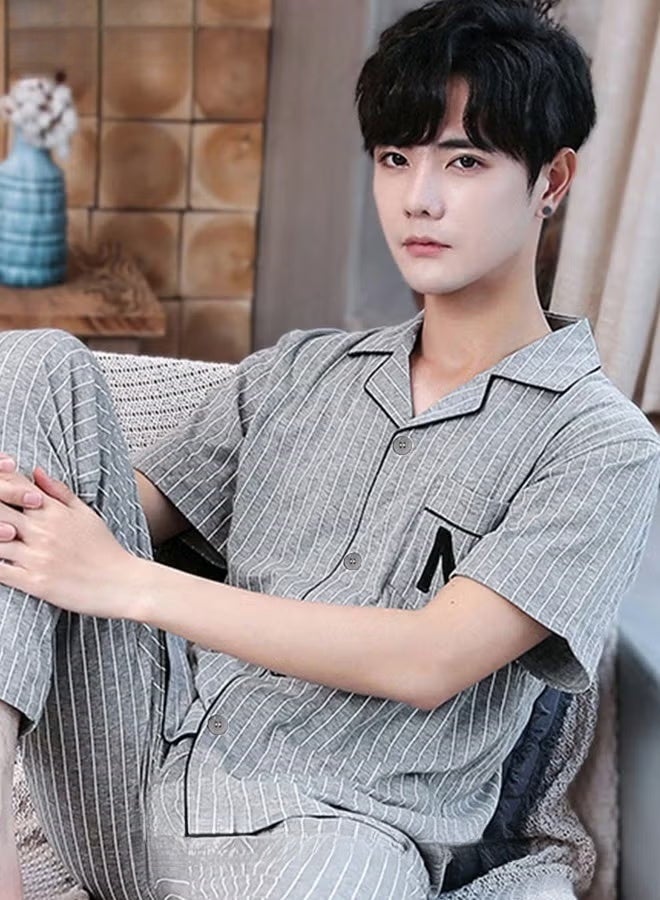 2-Piece Men's Pajama Set Features Cotton Short-Sleeved T-Shirt and Long Pants, Patterned Design for Sleepwear Loungewear Loose Comfortable Fit Grey Color for Versatile Home Wear - Image 3