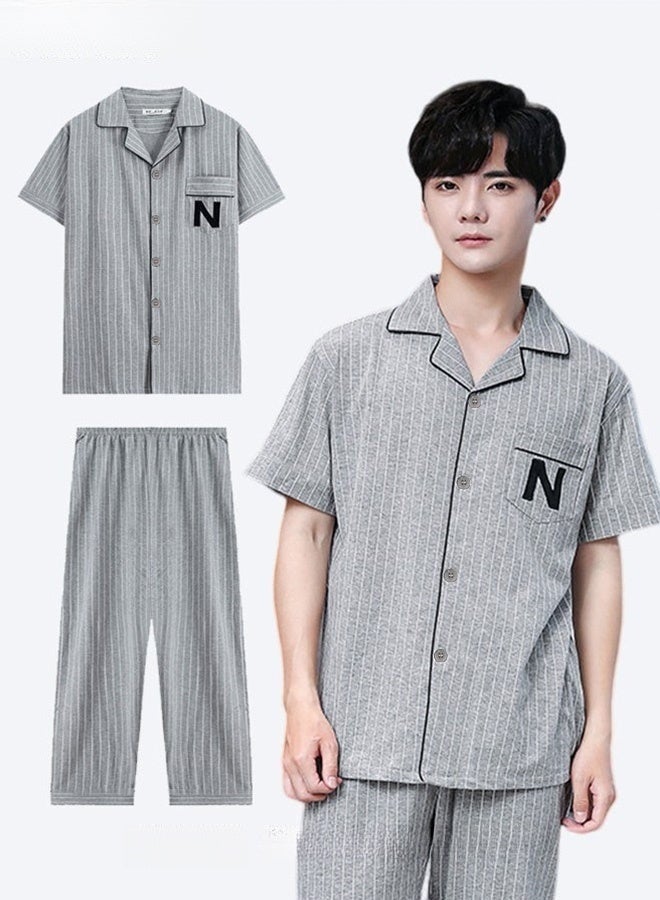 2-Piece Men's Pajama Set Features Cotton Short-Sleeved T-Shirt and Long Pants, Patterned Design for Sleepwear Loungewear Loose Comfortable Fit Grey Color for Versatile Home Wear - Image 1