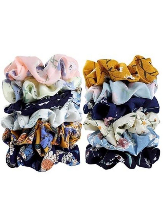DN Creation Chiffon Flower Floral Design Hair Scrunchies, Ponytail Holder, Hair Ties for Women and Girls - Random Color & Design (Set of 12) - Image 1